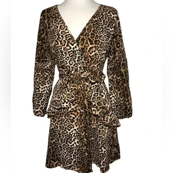 Huguest Leopard Ruffle Deep Drop Neckline Mini Dress with Belt Tie - Picture 2 of 9